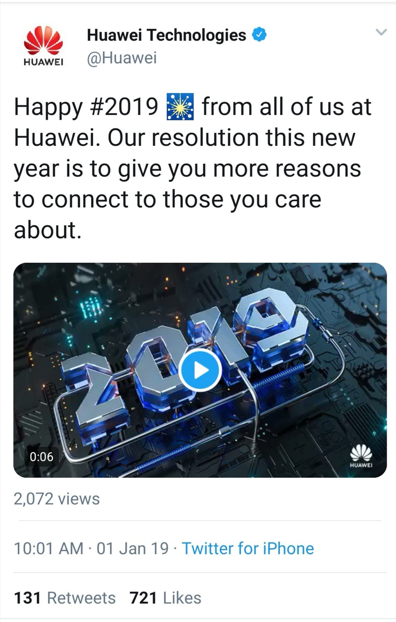 Screenshot of the tweet sent out by Huawei’s social media team over New Year’s Eve